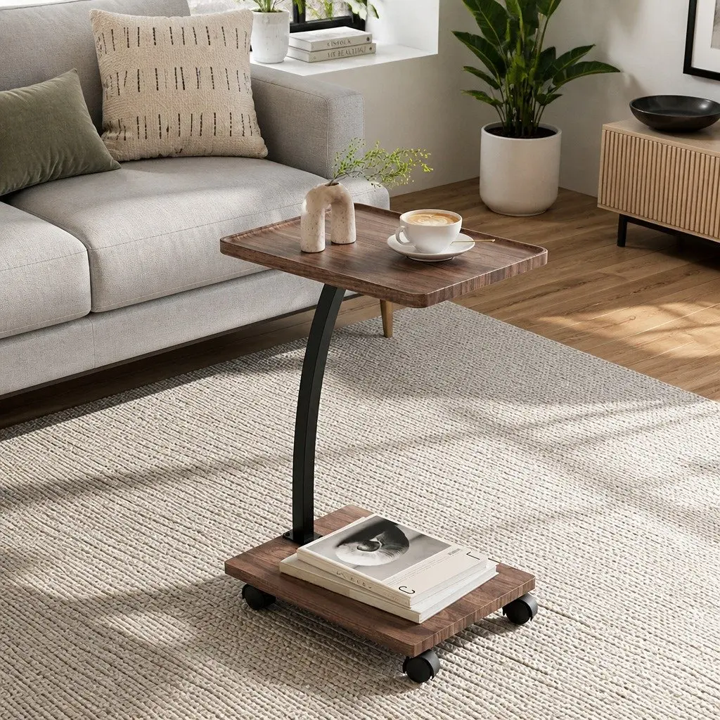 C Shaped Coffee Table Walnut Mobile Side Table with Wheels 30cm Width 40cm Depth 59cm Height