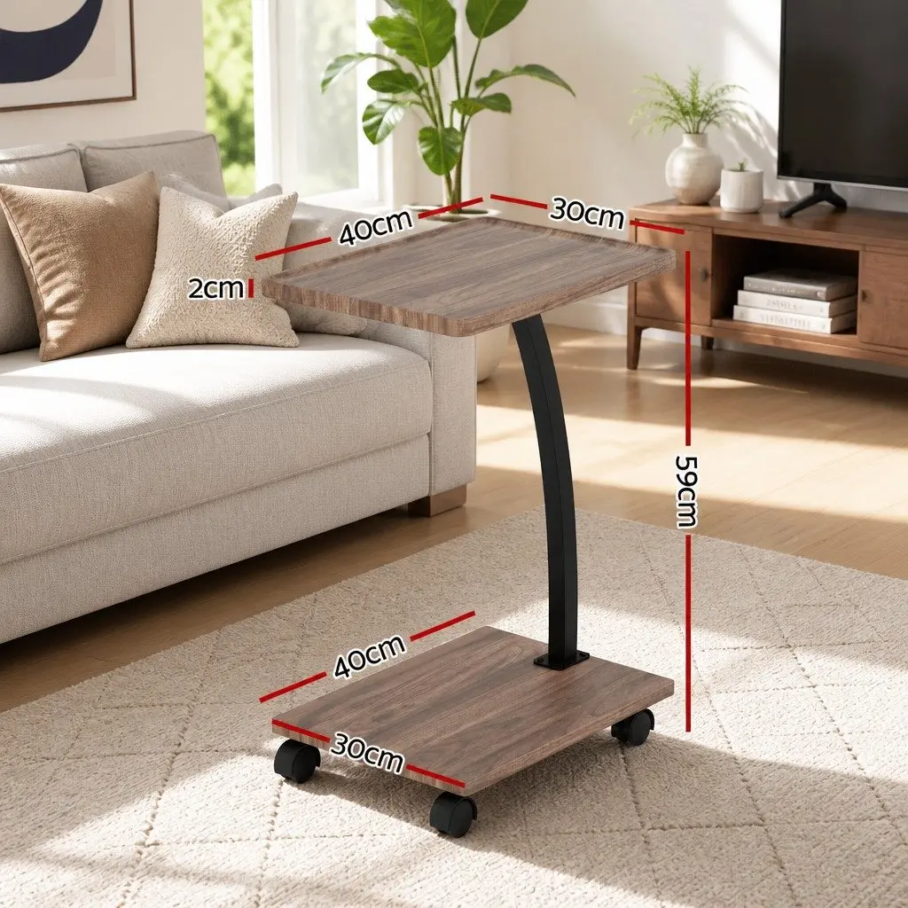 C Shaped Coffee Table Walnut Mobile Side Table with Wheels 30cm Width 40cm Depth 59cm Height