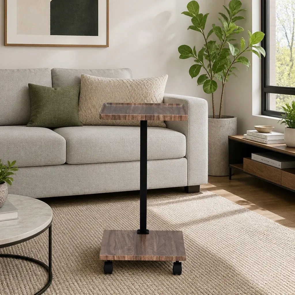 C Shaped Coffee Table Walnut Mobile Side Table with Wheels 30cm Width 40cm Depth 59cm Height