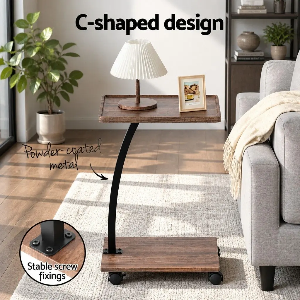 C Shaped Coffee Table Walnut Mobile Side Table with Wheels 30cm Width 40cm Depth 59cm Height