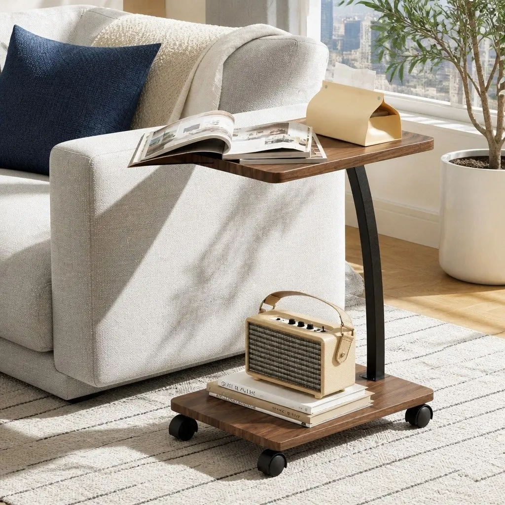 C Shaped Coffee Table Walnut Mobile Side Table with Wheels 30cm Width 40cm Depth 59cm Height