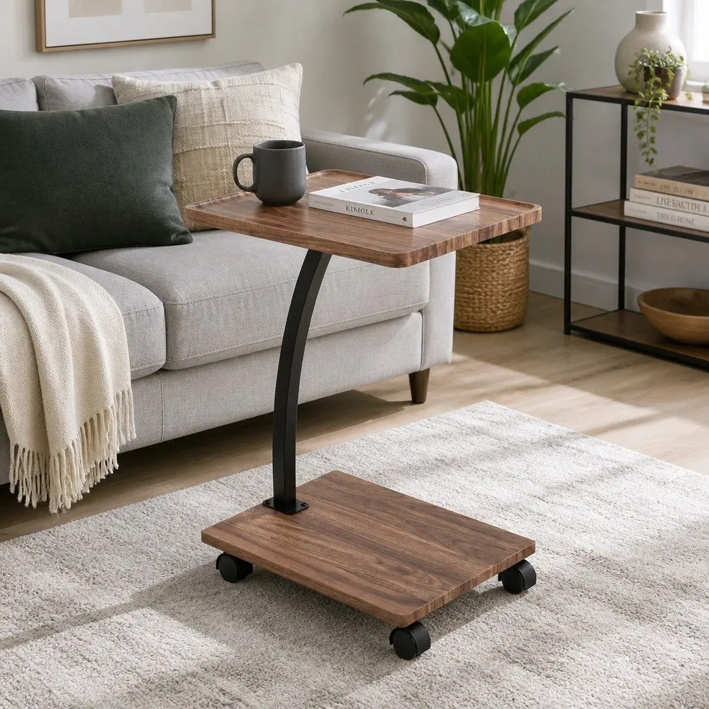 C Shaped Coffee Table Walnut Mobile Side Table with Wheels 30cm Width 40cm Depth 59cm Height