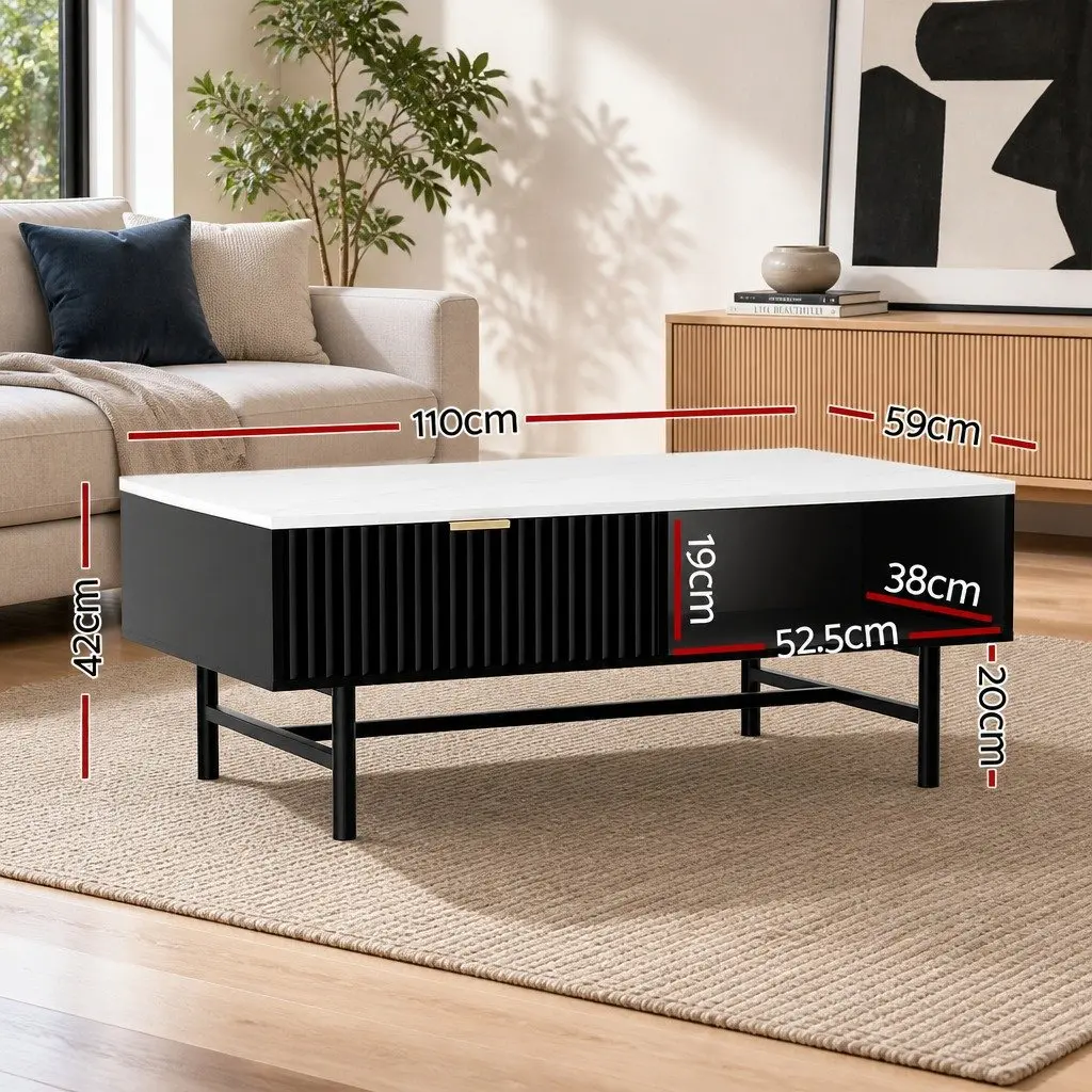 Coffee Table with Drawer Storage Shelf Open Compartments Black White Living Room