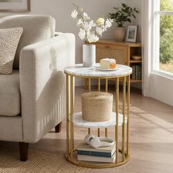 Round Coffee Table 2-Tier Marble Effect White Gold Living Room Storage Furniture