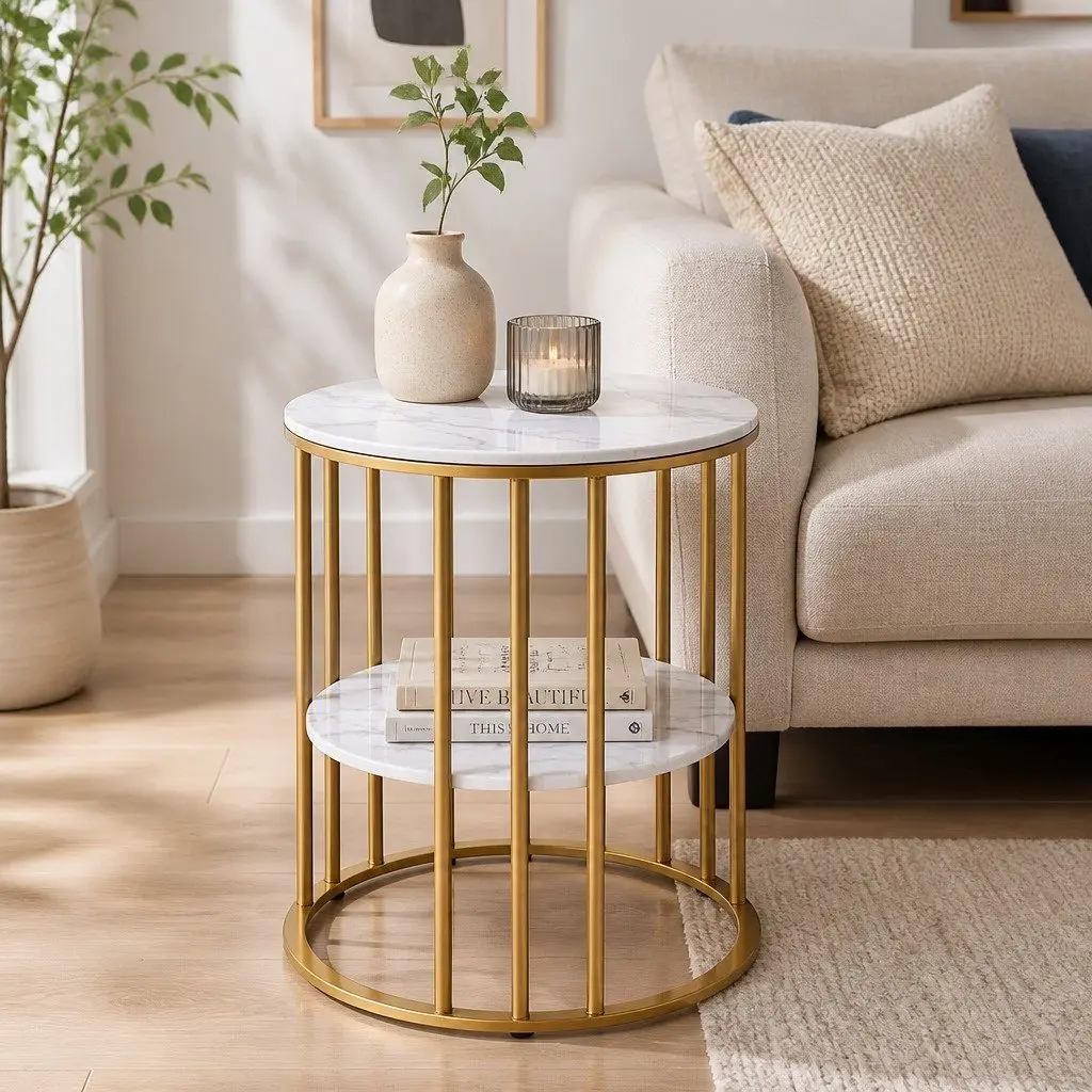 Round Coffee Table 2-Tier Marble Effect White Gold Metal Frame Living Room Storage Furniture
