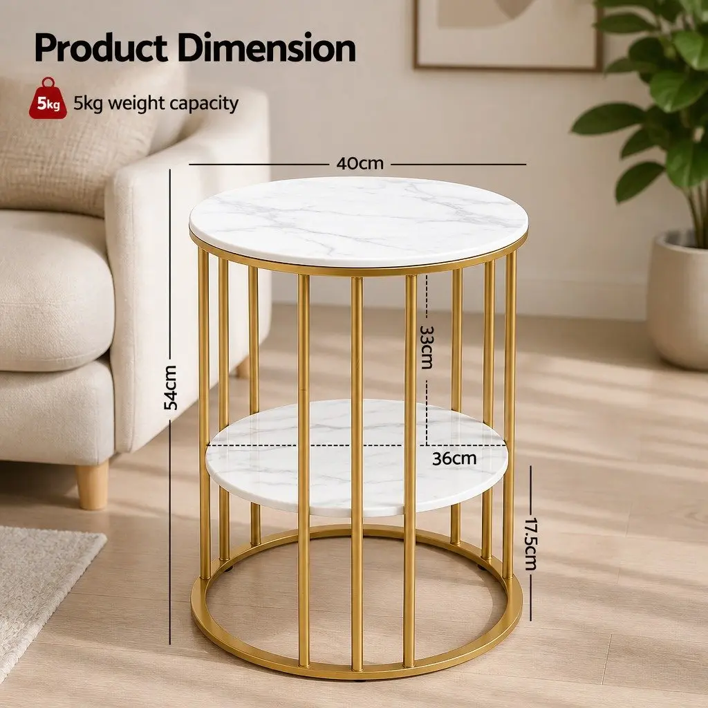 Round Coffee Table 2-Tier Marble Effect White Gold Metal Frame Living Room Storage Furniture