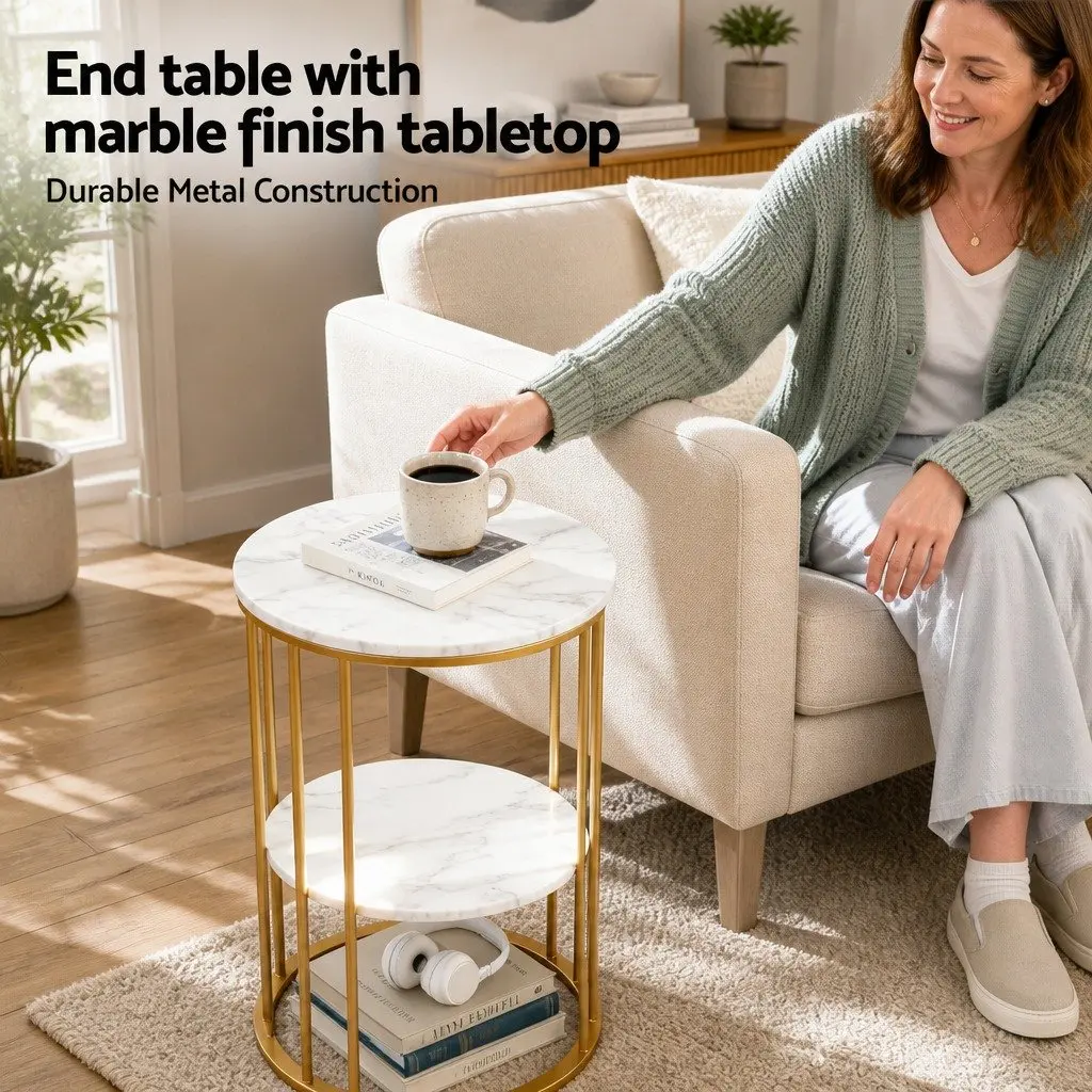 Round Coffee Table 2-Tier Marble Effect White Gold Metal Frame Living Room Storage Furniture