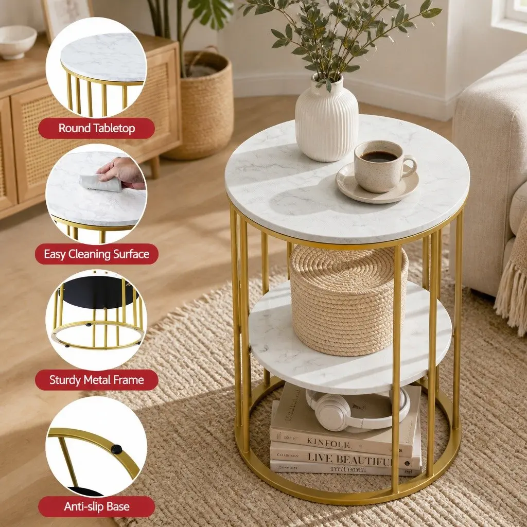 Round Coffee Table 2-Tier Marble Effect White Gold Metal Frame Living Room Storage Furniture
