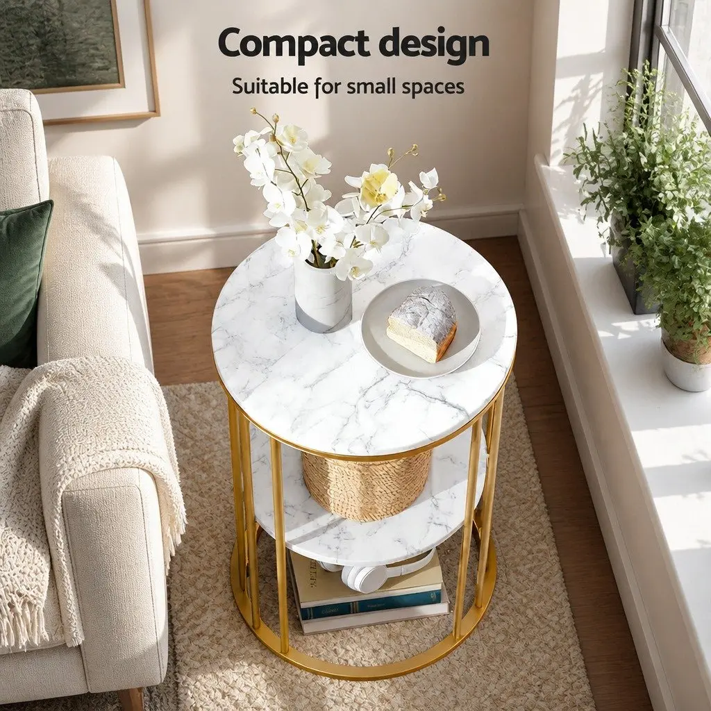 Round Coffee Table 2-Tier Marble Effect White Gold Metal Frame Living Room Storage Furniture