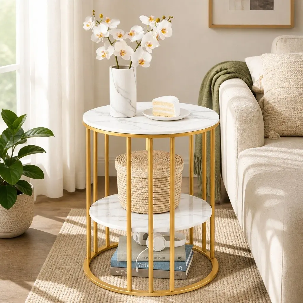 Round Coffee Table 2-Tier Marble Effect White Gold Metal Frame Living Room Storage Furniture