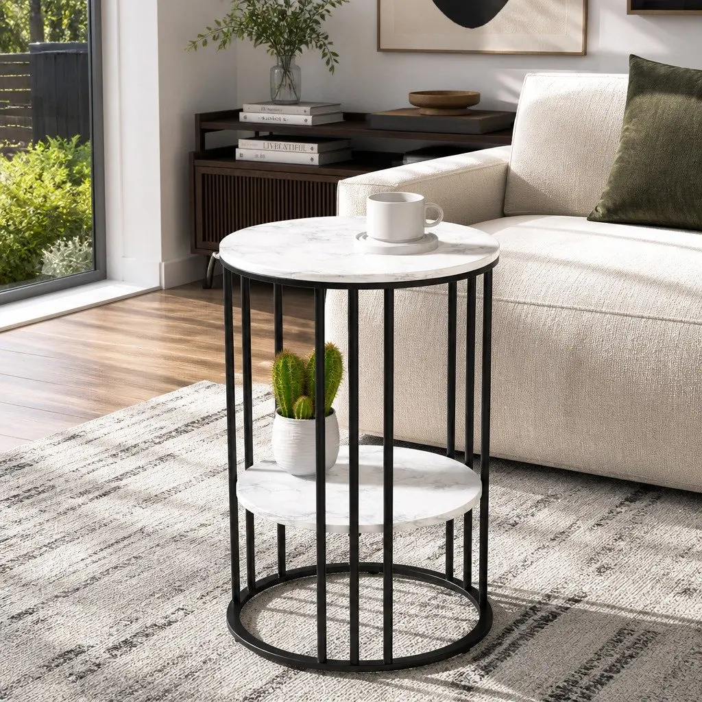 Coffee Table 2-Tier Marble Effect Beige Metal Frame
