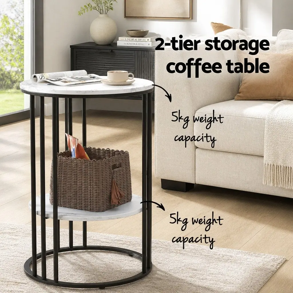 Coffee Table 2-Tier Marble Effect Beige Metal Frame