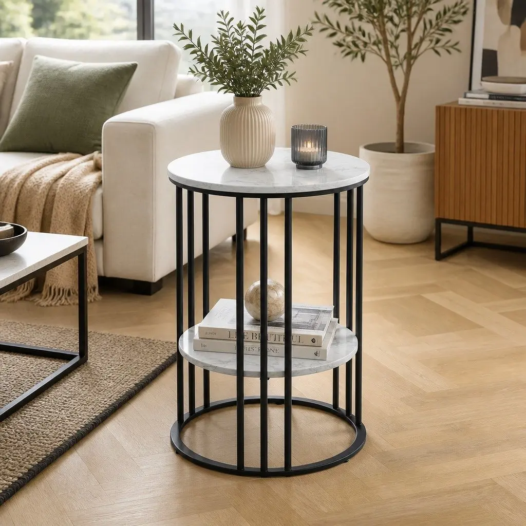 Coffee Table 2-Tier Marble Effect Beige Metal Frame