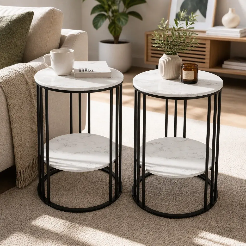 Set of 2 Coffee Tables MDF Top Metal Frame 2-Tier Beige
