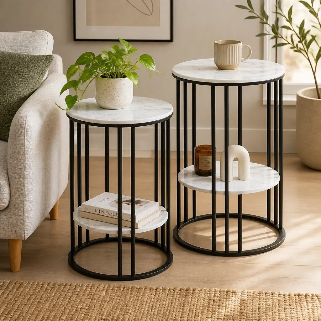 Set of 2 Coffee Tables MDF Top Metal Frame 2-Tier Beige