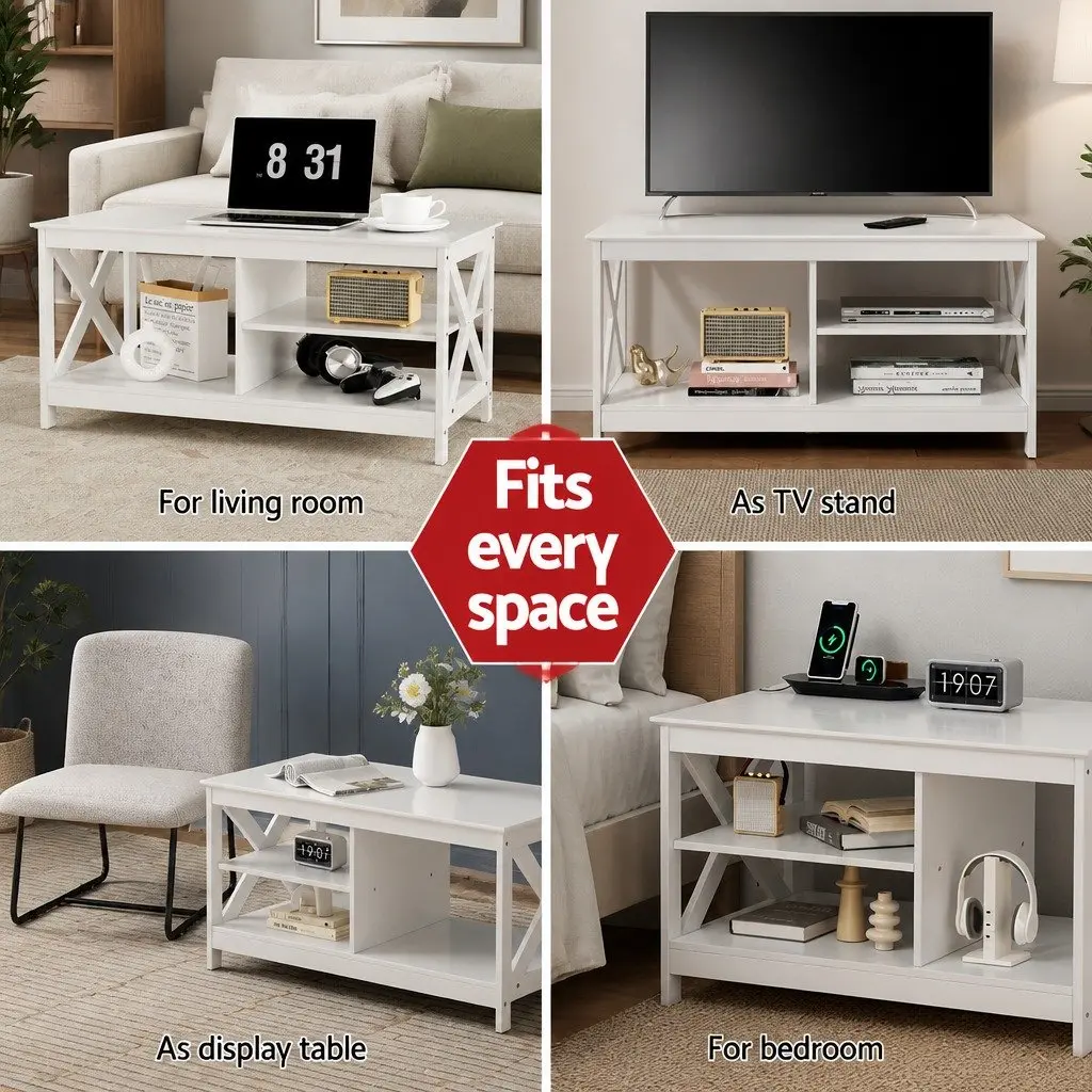 3-Tier Coffee Table Particle Board Melamine Veneer 90cm White