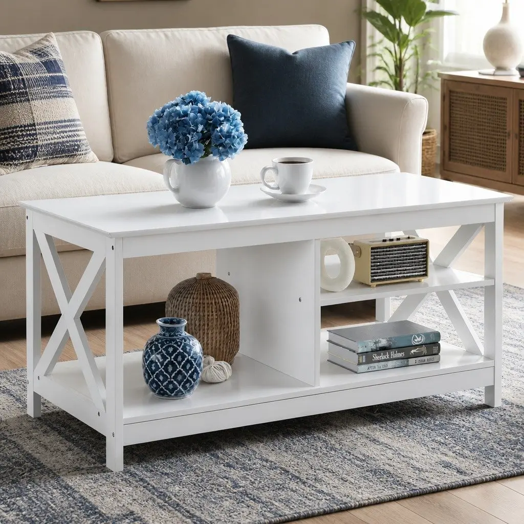 3-Tier Coffee Table Particle Board Melamine Veneer 90cm White