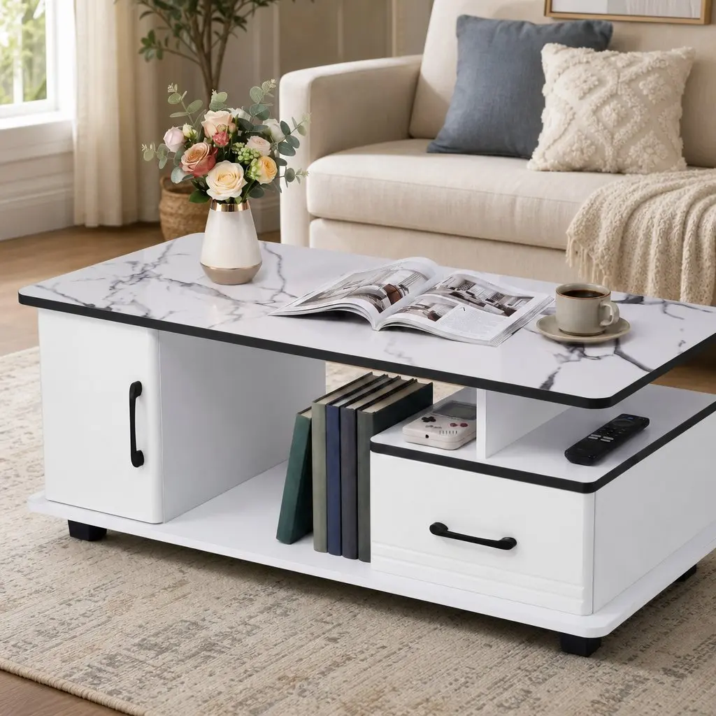 Coffee Table Marble Top Rectangular 100cm White with Black Accents
