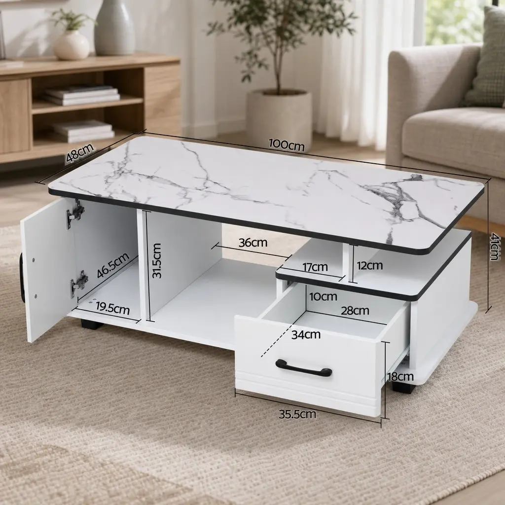 Coffee Table Marble Top Rectangular 100cm White with Black Accents