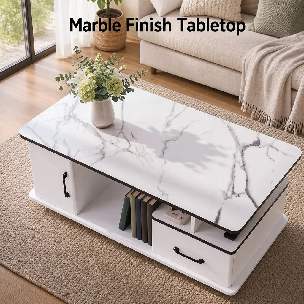 Coffee Table Marble Top Rectangular 100cm White with Black Accents