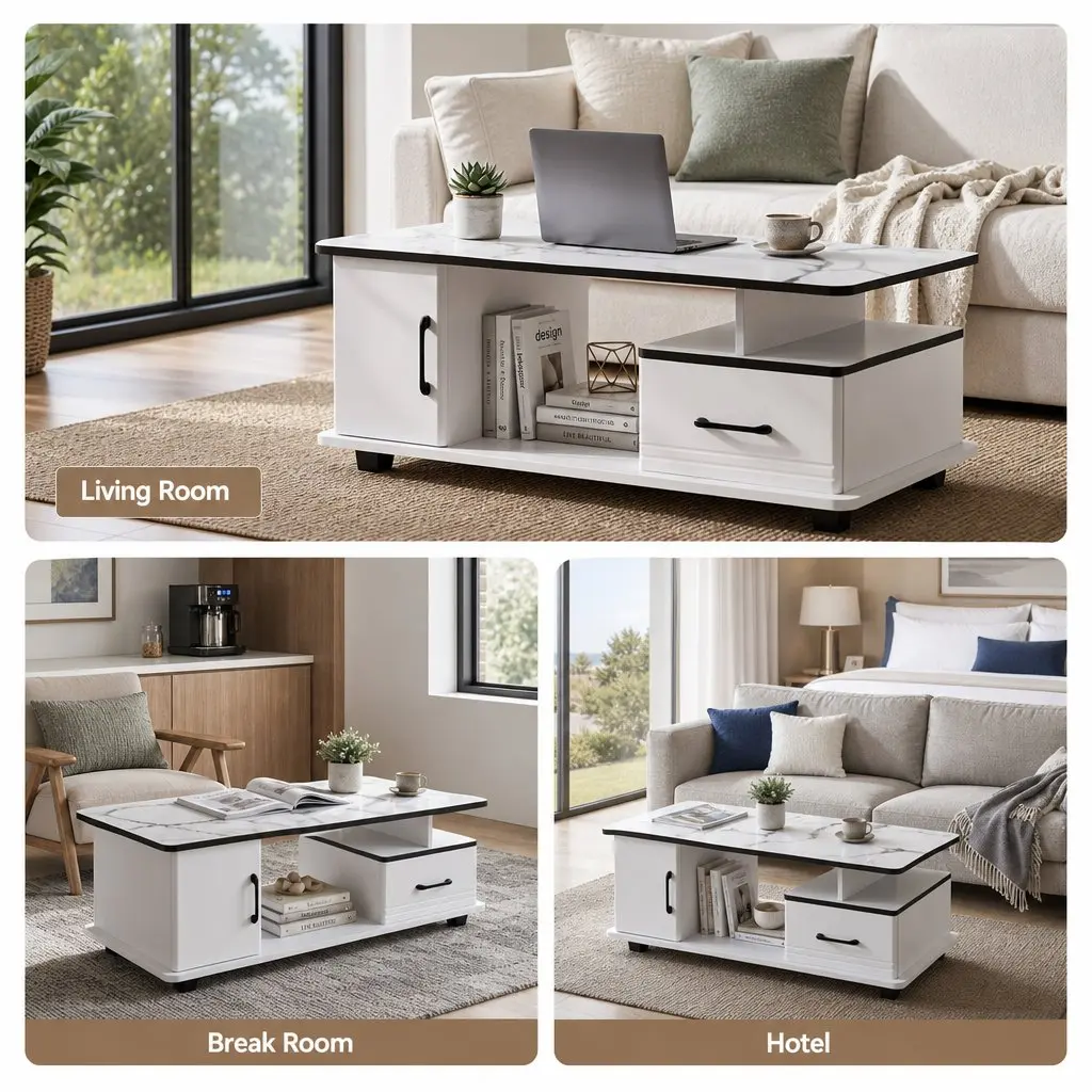 Coffee Table Marble Top Rectangular 100cm White with Black Accents