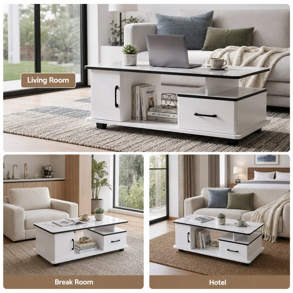 Coffee Table Marble Top Rectangular 100cm White with Black Accents