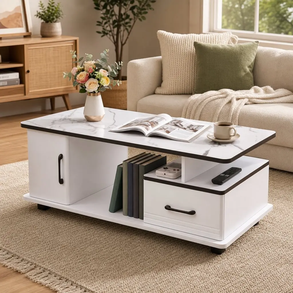 Coffee Table Marble Top Rectangular 100cm White with Black Accents