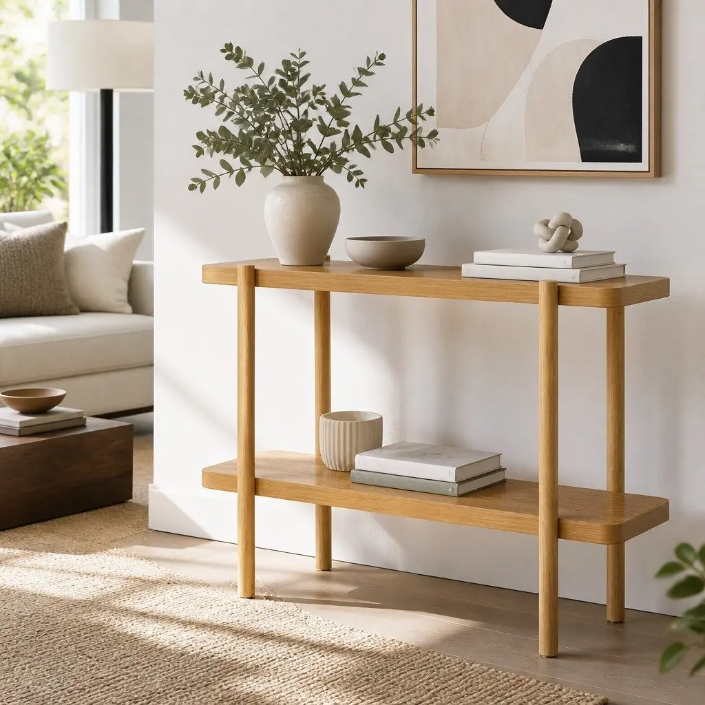 Console Table Wood Grain Finish 92CM 2-Tier Oak Display Storage Living Room Bedroom Office Furniture