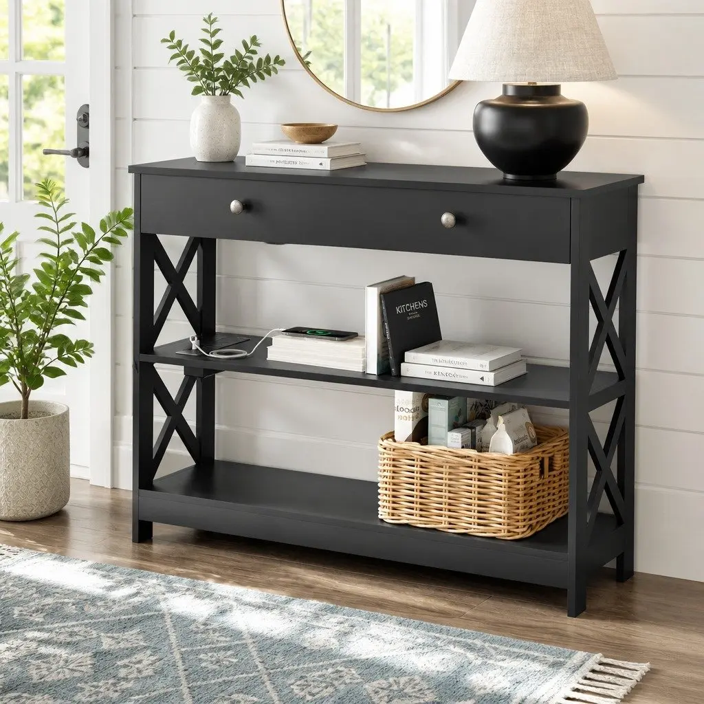 Console Table MDF 3-Tier Storage USB Outlets Black