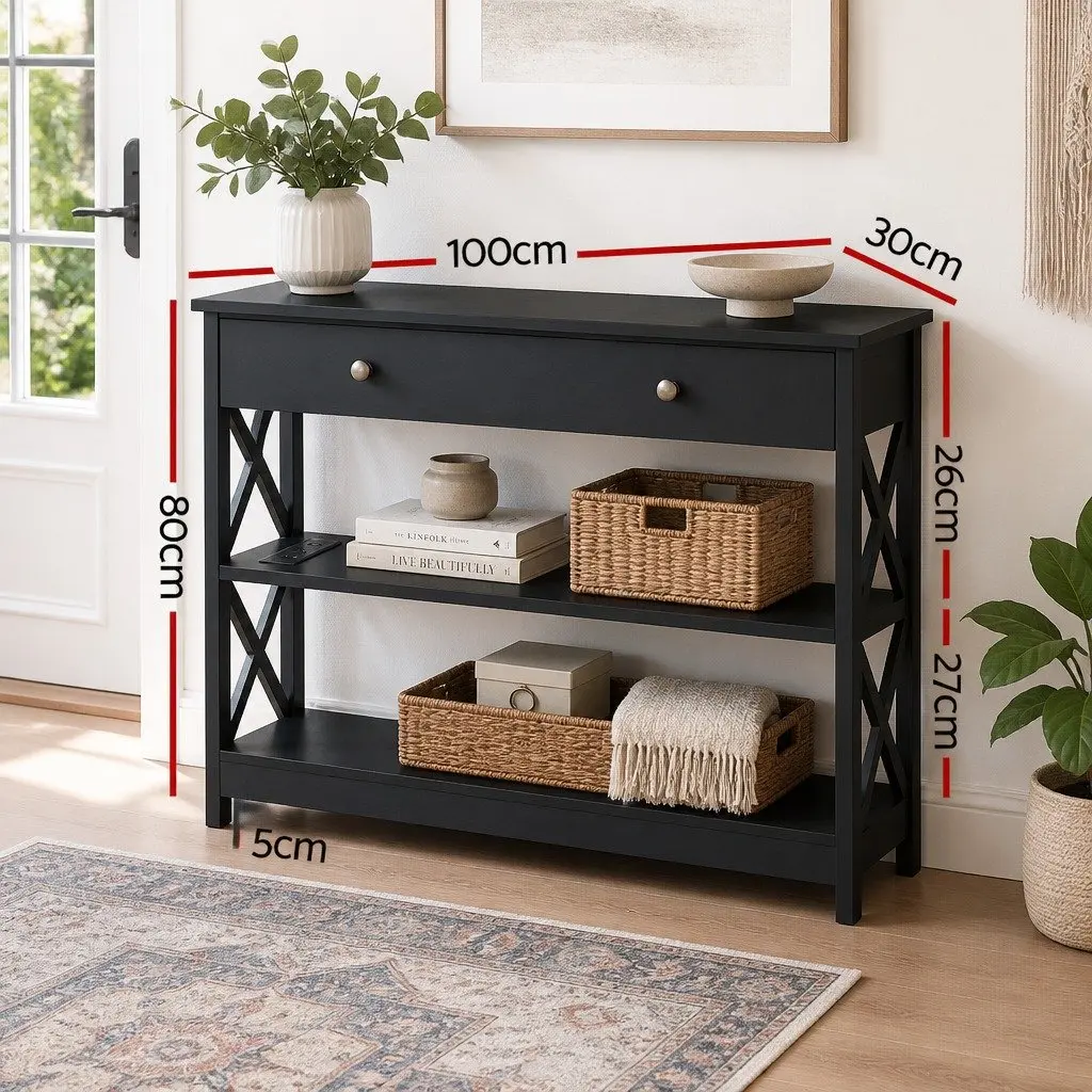 Console Table MDF 3-Tier Storage USB Outlets Black