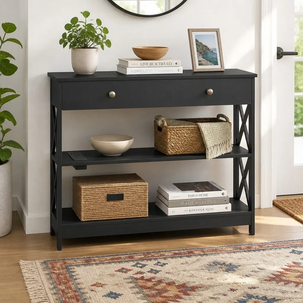 Console Table MDF 3-Tier Storage USB Outlets Black