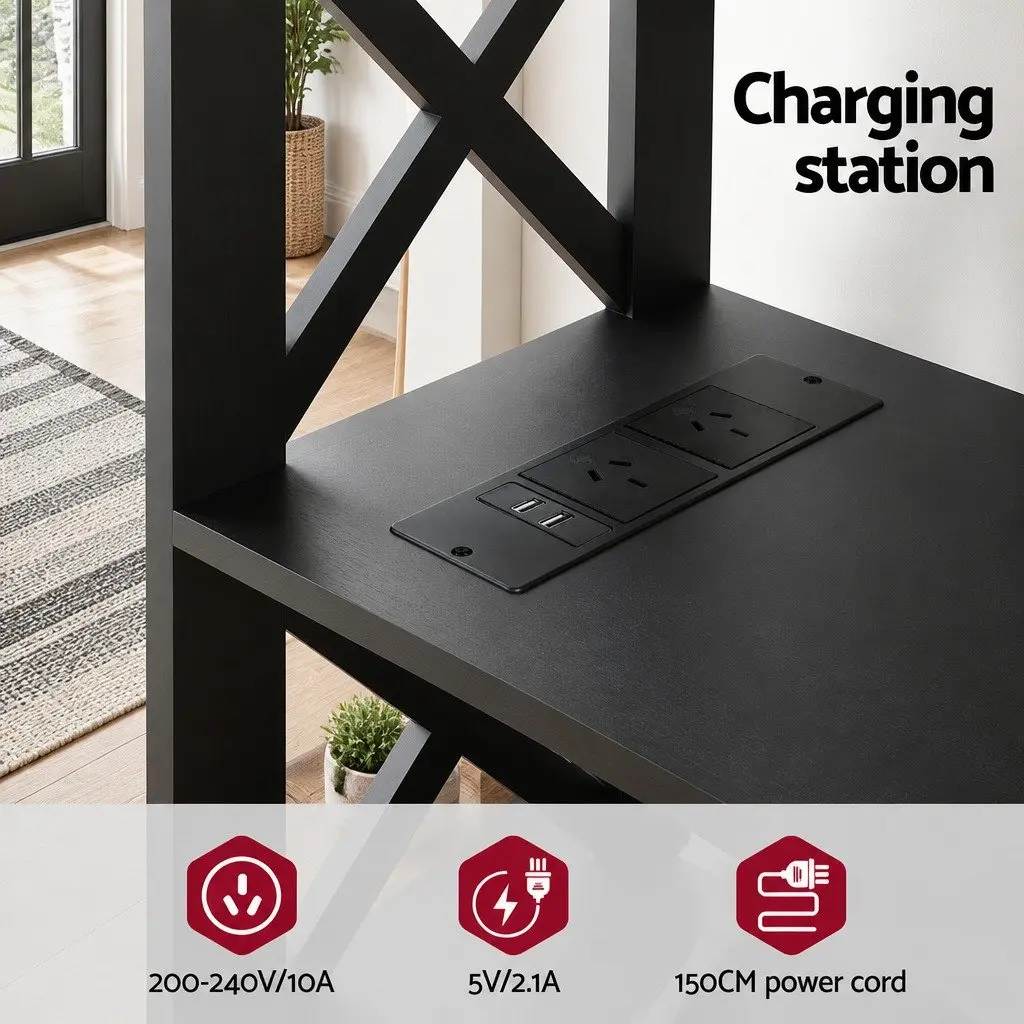 Console Table MDF 3-Tier Storage USB Outlets Black