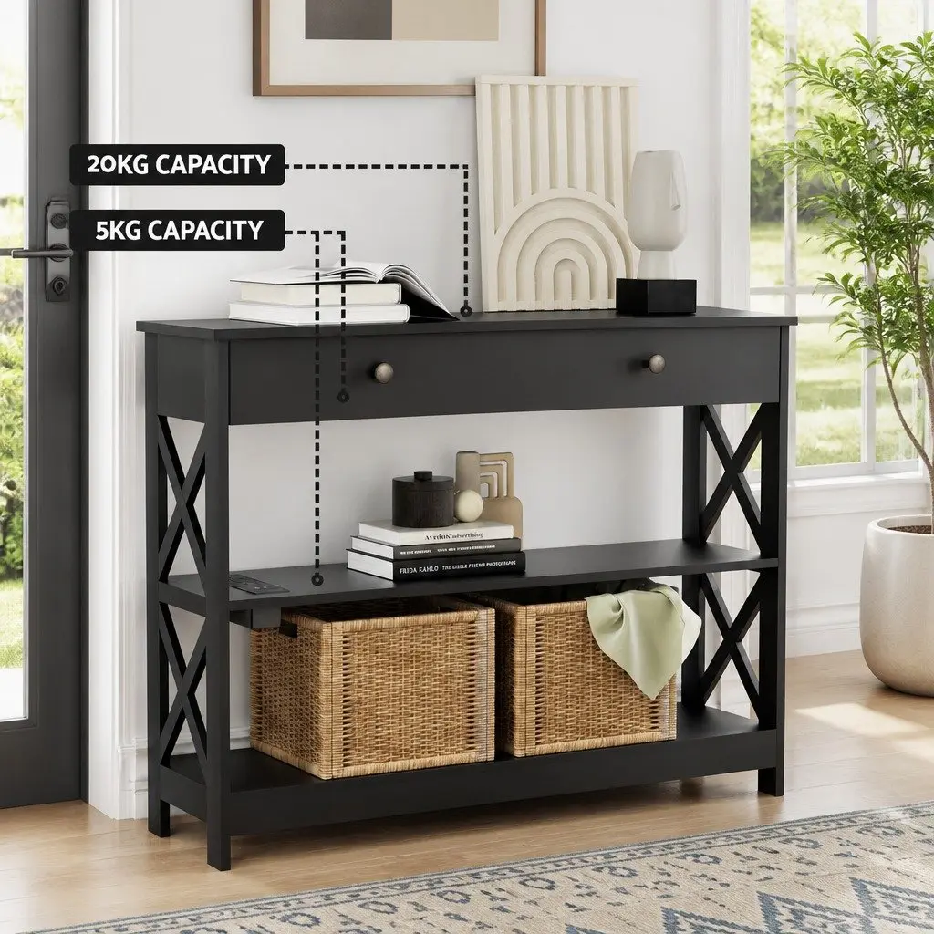 Console Table MDF 3-Tier Storage USB Outlets Black