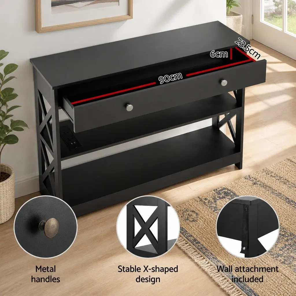 Console Table MDF 3-Tier Storage USB Outlets Black