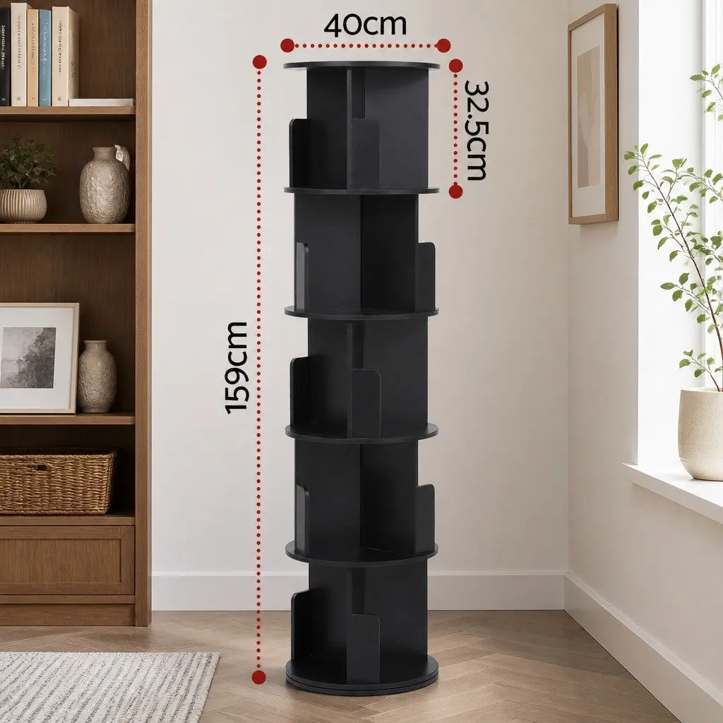 5TierBlackRotatingBookshelfRoundSwivelDisplayStandStorageShelves