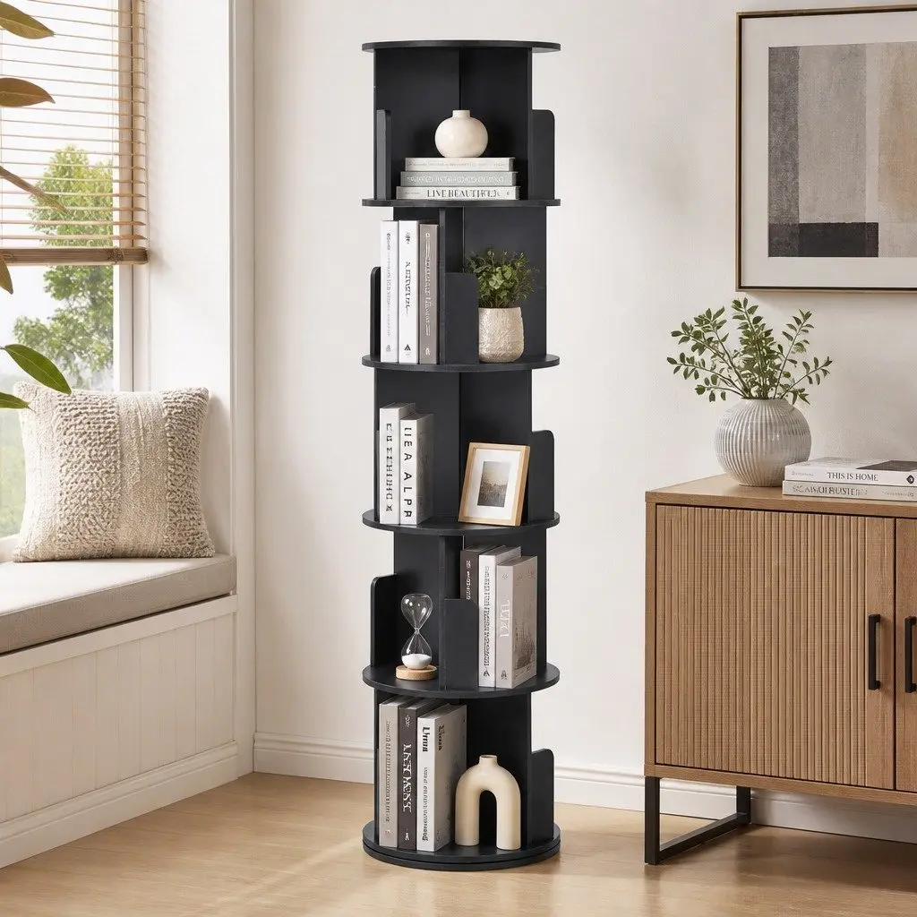 5TierBlackRotatingBookshelfRoundSwivelDisplayStandStorageShelves