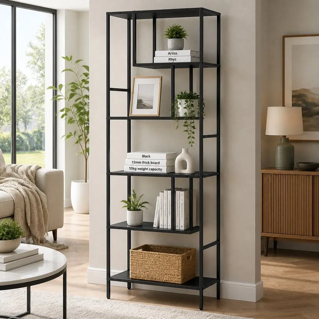 5-Tier Display Shelf Powder-Coated Metal Frame Particle Board Black