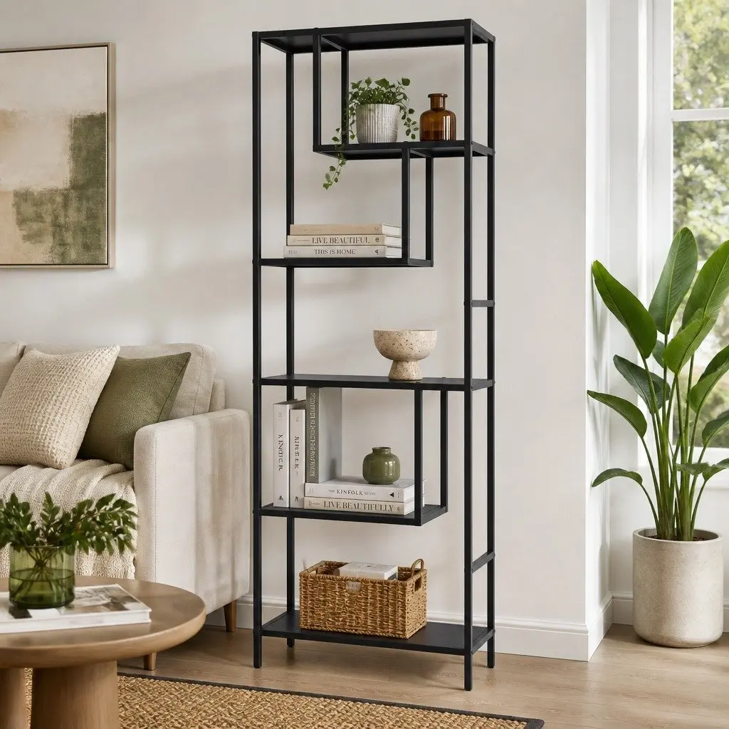 5-Tier Display Shelf Powder-Coated Metal Frame Particle Board Black