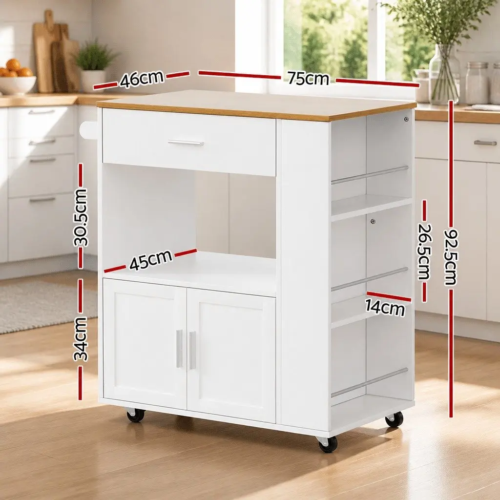 Kitchen Island Trolley Pine Wood Rolling Serving Cart Storage Cabinet 75cm W x 46cm D x 92.5cm H
