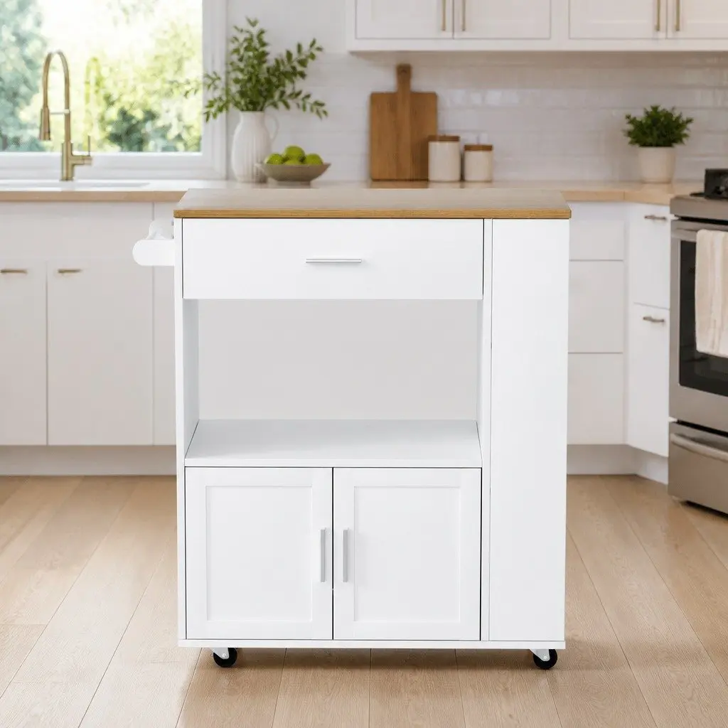 Kitchen Island Trolley Pine Wood Rolling Serving Cart Storage Cabinet 75cm W x 46cm D x 92.5cm H