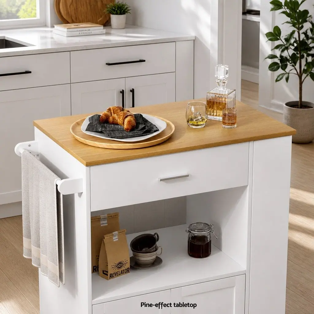 Kitchen Island Trolley Pine Wood Rolling Serving Cart Storage Cabinet 75cm W x 46cm D x 92.5cm H
