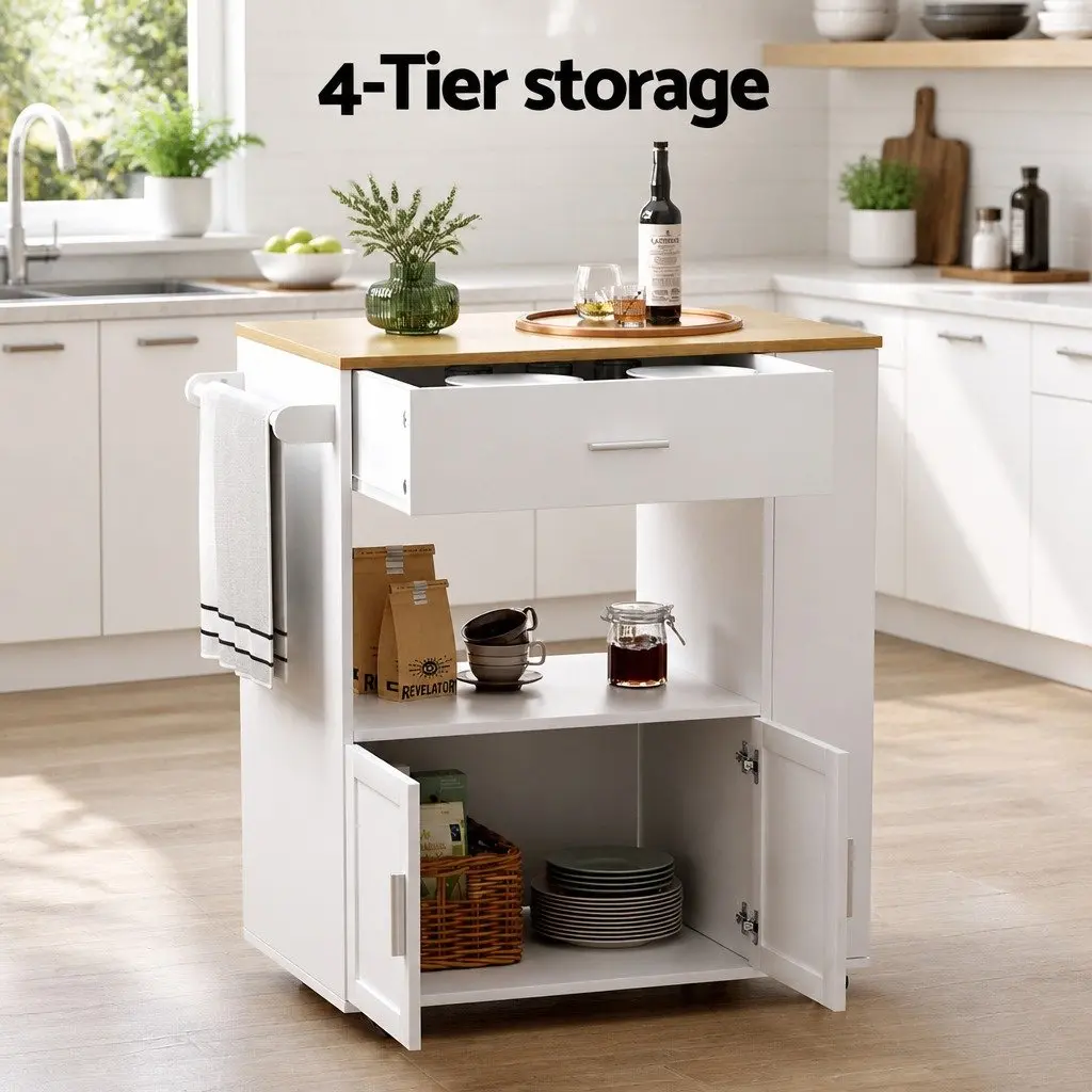 Kitchen Island Trolley Pine Wood Rolling Serving Cart Storage Cabinet 75cm W x 46cm D x 92.5cm H