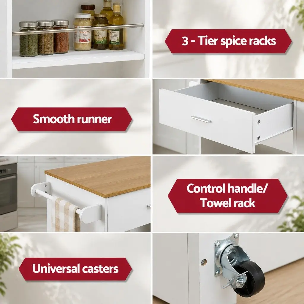 Kitchen Island Trolley Pine Wood Rolling Serving Cart Storage Cabinet 75cm W x 46cm D x 92.5cm H