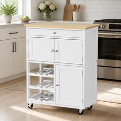 Kitchen Island Trolley Rolling Serving Cart Storage Drawer Cupboard White Oak