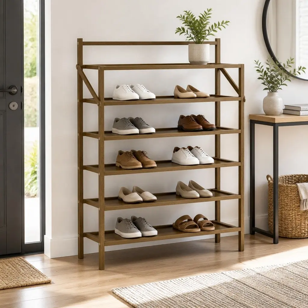 Shoe Rack Bamboo Frame 6-Tier Foldable Storage Organizer Oak