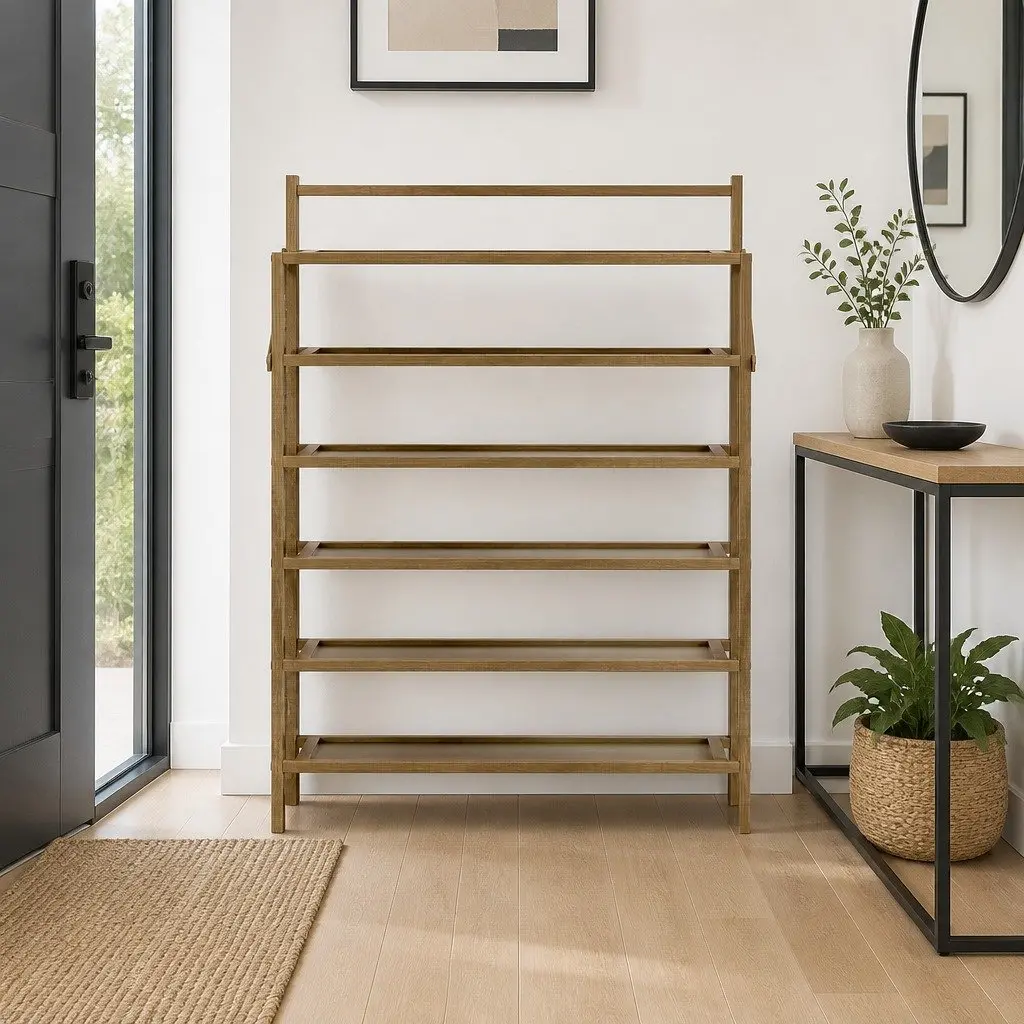 Shoe Rack Bamboo Frame 6-Tier Foldable Storage Organizer Oak