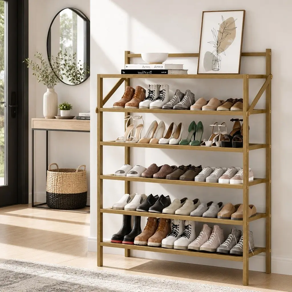 Shoe Rack Bamboo Frame 6-Tier Foldable Storage Organizer Oak