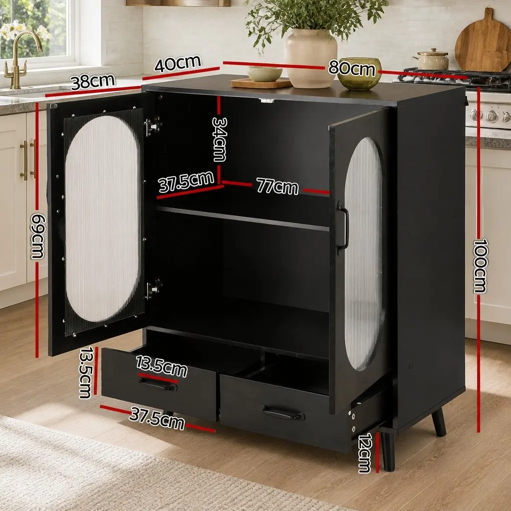 Buffet Sideboard Storage Cabinet Particle Board Acrylic Plastic Black 80cm x 40cm x 100cm