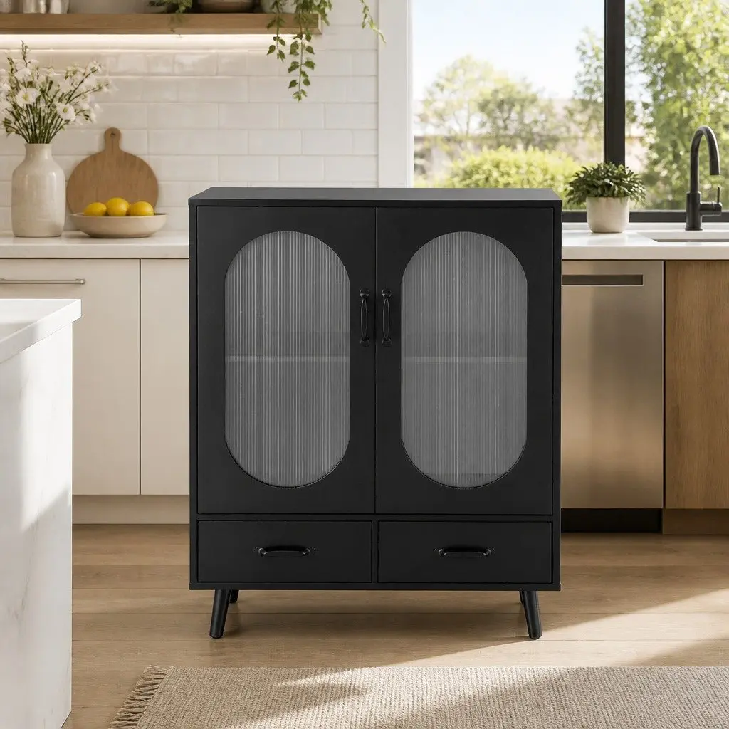 Buffet Sideboard Storage Cabinet Particle Board Acrylic Plastic Black 80cm x 40cm x 100cm