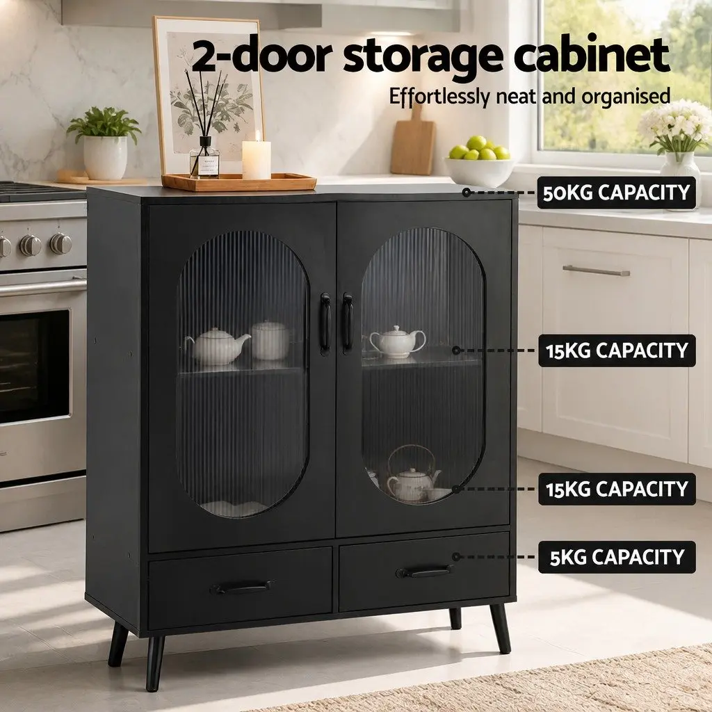 Buffet Sideboard Storage Cabinet Particle Board Acrylic Plastic Black 80cm x 40cm x 100cm
